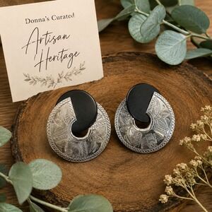 Artisan Silver Tone Black Statement Disc Earrings Etched Geometric Boho